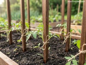 Jeunes plantes soutenues par des piquets en bois exotique